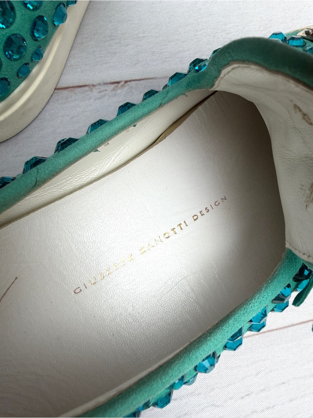 Giuseppe Zanotti Crystal Tassel Loafers Turquoise Suede Size EU 38 (US 8) Italy - Picture 9 of 12